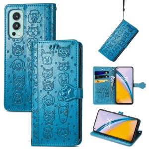 For OnePlus Nord 2 5G Lovely Cat and Dog Embossing Pattern Horizontal Flip Leather Case , with Holder & Card Slots & Wallet & Cartoon Clasp & Lanyard(Blue) (OEM)