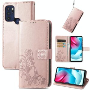 For Motorla Moto G60S Four-leaf Clasp Embossed Buckle Mobile Phone Protection Leather Case with Lanyard & Card Slot & Wallet & Bracket Function(Rose Gold) (OEM)