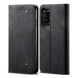 For OPPO Reno 3 5G / Reno 3 Youth Denim Texture Casual Style Horizontal Flip Leather Case with Holder & Card Slots & Wallet(Black) (OEM)