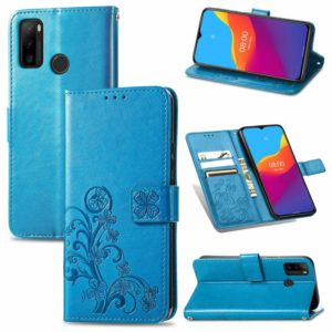 For Ulefone Note 10 Four-leaf Clasp Embossed Buckle Mobile Phone Protection Leather Case with Lanyard & Card Slot & Wallet & Bracket Function(Blue) (OEM)