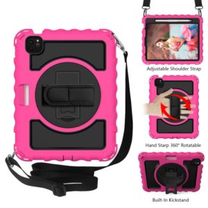 For iPad Air 2022 / 2020 10.9 360 Degree Rotation PC + Silicone Shockproof Combination Case with Holder & Hand Grip Strap & Neck Strap & Pen Slot Holder(Hot Pink) (OEM)