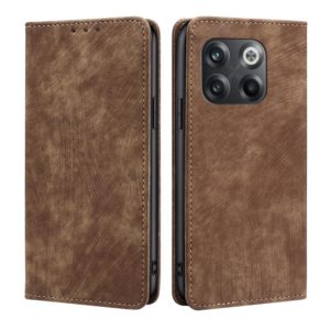 For OnePlus 10T RFID Anti-theft Brush Magnetic Leather Phone Case(Brown) (OEM)
