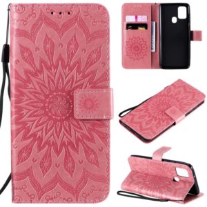 For Samsung Galaxy A21s Embossed Sunflower Pattern Horizontal Flip PU Leather Case with Holder & Card Slots & Wallet & Lanyard(Pink) (OEM)