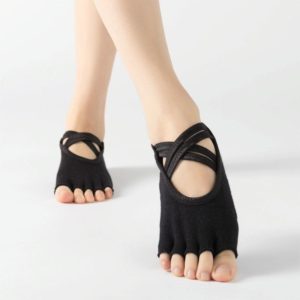 Terry Five-Finger Socks Cotton Thickened Warm and Non-Slip Yoga Socks Cross Strap Dance Socks, Size: One Size(Open Toe (Black)) (OEM)