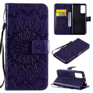 For Huawei Honor X10 Pressed Printing Sunflower Pattern Horizontal Flip PU Leather Case Holder & Card Slots & Wallet & Lanyard(Purple) (OEM)