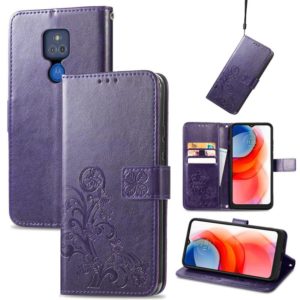 For Motorola G Play Four-leaf Clasp Embossed Buckle Mobile Phone Protection Leather Case with Lanyard & Card Slot & Wallet & Bracket Function(Purple) (OEM)