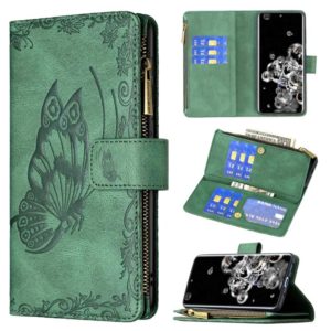 For Samsung Galaxy S20 Ultra Flying Butterfly Embossing Pattern Zipper Horizontal Flip Leather Case with Holder & Card Slots & Wallet(Green) (OEM)