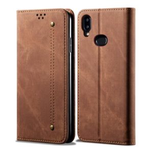 For Galaxy A10s Denim Texture Casual Style Horizontal Flip Leather Case with Holder & Card Slots & Wallet(Brown) (OEM)