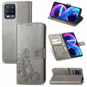 For OPPO Realme Q3 5G / Realme Q3i 5G Four-leaf Clasp Embossed Buckle Mobile Phone Protection Leather Case with Lanyard & Card Slot & Wallet & Bracket Function(Grey) (OEM)