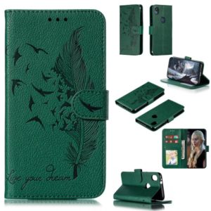 Feather Pattern Litchi Texture Horizontal Flip Leather Case with Wallet & Holder & Card Slots For Motorola Moto E6(Green) (OEM)