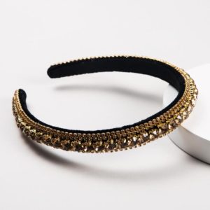 Multi-layer Glass Rhinestones Headband Full Rhinestones Gold Velvet Hairband(Coffee) (OEM)
