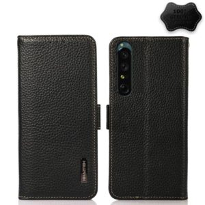 For Sony Xperia 1 IV KHAZNEH Side-Magnetic Litchi Genuine Leather RFID Phone Case(Black) (OEM)