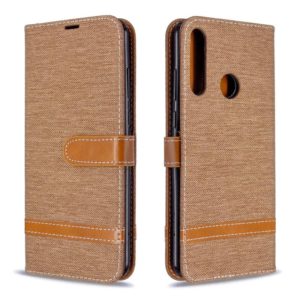 For Huawei Y6P Color Matching Denim Texture Horizontal Flip Leather Case with Holder & Card Slots & Wallet & Lanyard(Brown) (OEM)