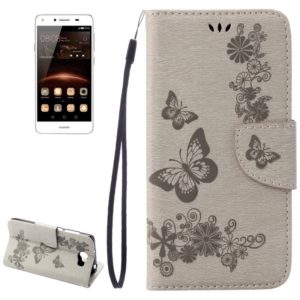 For Huawei Y5II Pressed Flowers Butterfly pattern Horizontal Flip Leather Case with Magnetic Buckle & Holder & Card Slots & Wallet(Grey) (OEM)