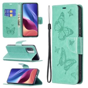 For Xiaomi Mi 11i / Poco F3 / Redmi K40 Two Butterflies Embossing Pattern Horizontal Flip Leather Case with Holder & Card Slot & Wallet & Lanyard(Green) (OEM)