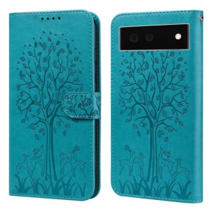 For Google Pixel 6 Tree & Deer Pattern Pressed Printing Horizontal Flip Leather Phone Case(Blue) (OEM)