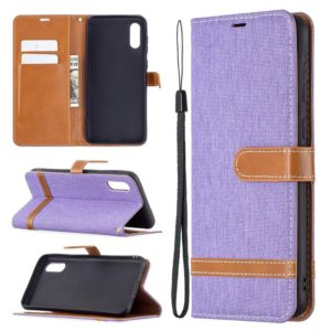 For Samsung Galaxy A02 Color Matching Denim Texture Horizontal Flip Leather Case with Holder & Card Slots & Wallet & Lanyard(Purple) (OEM)