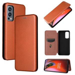 For OnePlus Nord 2 5G Carbon Fiber Texture Horizontal Flip TPU + PC + PU Leather Case with Card Slot(Brown) (OEM)