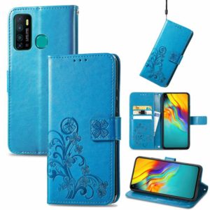 For Infinix Hot 9 Four-leaf Clasp Embossed Buckle Mobile Phone Protection Leather Case with Lanyard & Card Slot & Wallet & Bracket Function(Blue) (OEM)