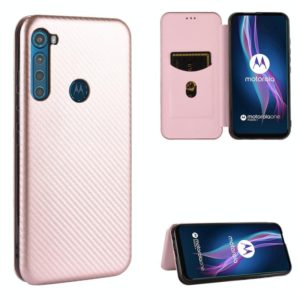 For Motorola Moto One Fusion Plus Carbon Fiber Texture Horizontal Flip TPU + PC + PU Leather Case with Rope & Card Slot(Pink) (OEM)