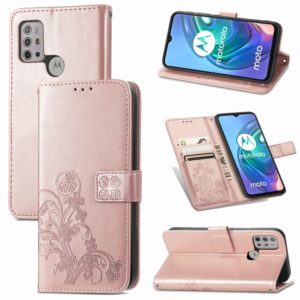 For Motorola Moto G10 , G30 Four-leaf Clasp Embossed Buckle Mobile Phone Protection Leather Case with Lanyard & Card Slot & Wallet & Bracket Function(Rose Gold) (OEM)