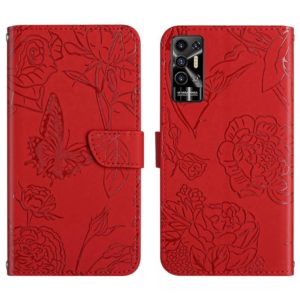 For Tecno Pova 2 HT03 Skin Feel Butterfly Embossed Flip Leather Phone Case(Red) (OEM)
