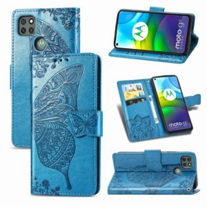 For Motorola Moto G9 Power Butterfly Love Flower Embossed Horizontal Flip Leather Case with Bracket / Card Slot / Wallet / Lanyard(Blue) (OEM)