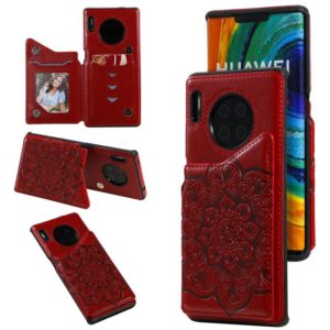 For Huawei Mate 30 Pro Flower Embossing Pattern Shockproof Protective Case with Holder & Card Slots & Photo Frame(Red) (OEM)