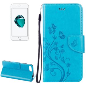 For iPhone 8 Plus & 7 Plus Flowers Embossing Horizontal Flip Leather Case with Holder & Card Slots & Wallet & Lanyard(Blue) (OEM)