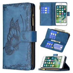For iPhone 8 Plus / 7 Plus Flying Butterfly Embossing Pattern Zipper Horizontal Flip Leather Case with Holder & Card Slots & Wallet(Blue) (OEM)