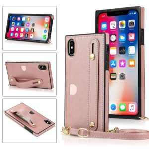 For iPhone XS Max Wrist Strap PU+TPU Shockproof Protective Case with Crossbody Lanyard & Holder & Card Slot(Rose Gold) (OEM)