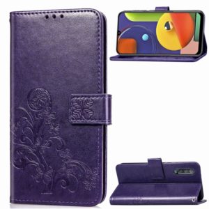 For Galaxy A50S Four-leaf Clasp Embossed Buckle Mobile Phone Protection Leather Case with Lanyard & Card Slot & Wallet & Bracket Function(Purple) (OEM)