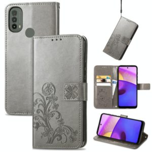 For Motorola Moto E40 Four-leaf Clasp Embossed Leather Case with Lanyard & Card Slot & Wallet & Holder(Grey) (OEM)