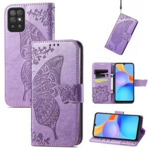 For Honor Play 5T Youth Butterfly Love Flowers Embossed Horizontal Flip Leather Case with Holder & Card Slots & Wallet & Lanyard(Light Purple) (OEM)