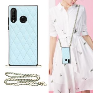 For Huawei P30 Lite Elegant Rhombic Pattern Microfiber Leather +TPU Shockproof Case with Crossbody Strap Chain(Blue) (OEM)