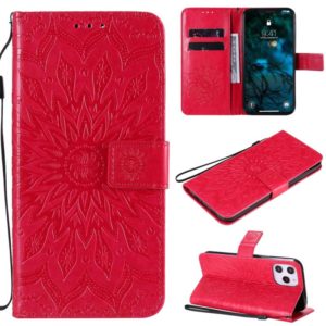 For iPhone 12 Pro Max Pressed Printing Sunflower Pattern Horizontal Flip PU Leather Case Holder & Card Slots & Wallet & Lanyard(Red) (OEM)