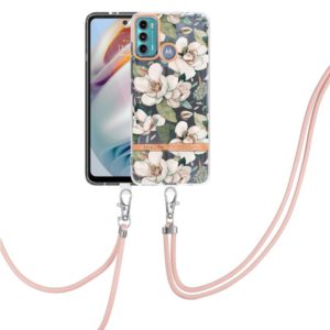 For Motorola Moto G60 / G40 Fusion Flowers Series TPU Phone Case with Lanyard(Green Gardenia) (OEM)
