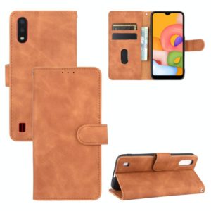 For Samsung Galaxy A01 (Global Version) Solid Color Skin Feel Magnetic Buckle Horizontal Flip Calf Texture PU Leather Case with Holder & Card Slots & Wallet(Brown) (OEM)