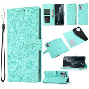 For Xiaomi Mi 11 Skin Feel Embossed Sunflower Horizontal Flip Leather Case with Holder & Card Slots & Wallet & Lanyard(Green) (OEM)