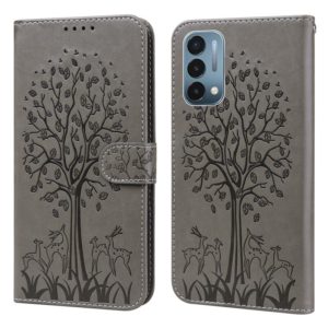 For OnePlus Nord N200 5G Tree & Deer Pattern Pressed Printing Horizontal Flip Leather Phone Case(Grey) (OEM)