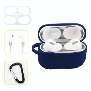 For AirPods Pro Silicone Wireless Earphone Protective Case Storage Box with Hook & Anti-drop Rope(Blue+Silver Inner Sticker) (OEM)
