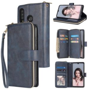 For Huawei P30 Lite Zipper Wallet Bag Horizontal Flip PU Leather Case with Holder & 9 Card Slots & Wallet & Lanyard & Photo Frame(Blue) (OEM)