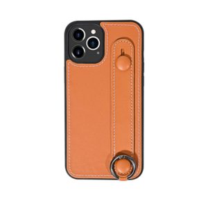 For iPhone 11 Pro Max Top Layer Cowhide Shockproof Protective Case with Wrist Strap Bracket(Brown) (OEM)