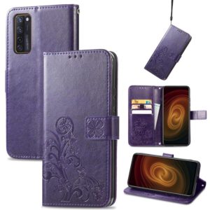 For ZTE AXON 20 5G Four-leaf Clasp Embossed Buckle Mobile Phone Protection Leather Case with Lanyard & Card Slot & Wallet & Bracket Function(Purple) (OEM)