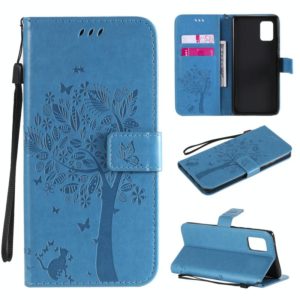 For Samsung Galaxy A71 5G Tree & Cat Embossed Pattern Horizontal Flip Leather Case with Holder & Card Slots & Wallet & Lanyard(Blue) (OEM)