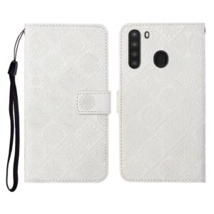 For Samsung Galaxy A21 Ethnic Style Embossed Pattern Horizontal Flip Leather Case with Holder & Card Slots & Wallet & Lanyard(White) (OEM)