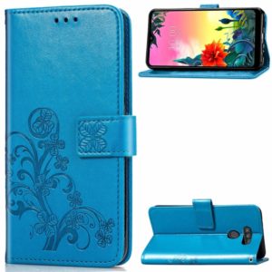 For LG K50S Four-leaf Clasp Embossed Buckle Mobile Phone Protection Leather Case with Lanyard & Card Slot & Wallet & Bracket Function(Blue) (OEM)