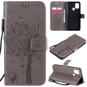 For Samsung Galaxy A21s Tree & Cat Embossed Pattern Horizontal Flip Leather Case with Holder & Card Slots & Wallet & Lanyard(Grey) (OEM)