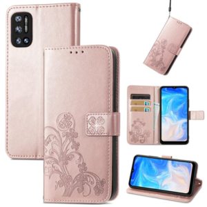 For DOOGEE N40 Pro Four-leaf Clasp Embossed Leather Case with Lanyard & Card Slot & Wallet & Holder(Rose Gold) (OEM)