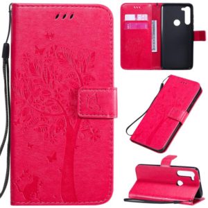 For Motorola Moto G8 Power Tree & Cat Embossed Pattern Horizontal Flip Leather Case with Holder & Card Slots & Wallet & Lanyard(Rose Red) (OEM)